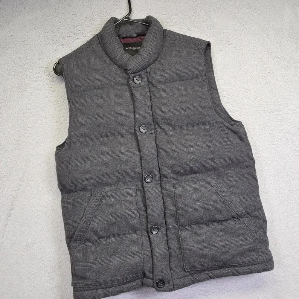 Banana Republic Puffer Vest Men M Gray Insulated Tartan Plaid Old Money Business